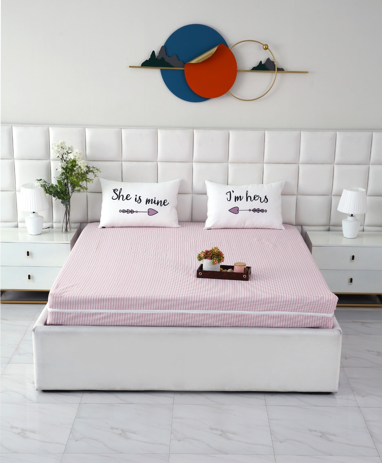 Zipper Mattress Cover Printed-Pink Stripes Protectors Apricot