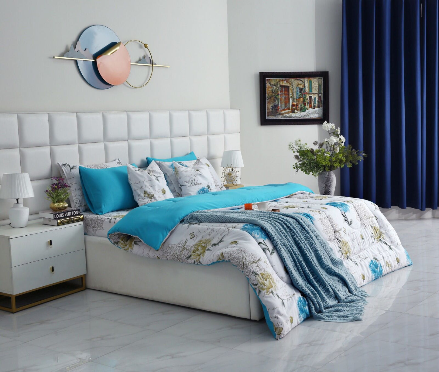 8 PCs Winter Comforter Set-Turqoiuse Flowers