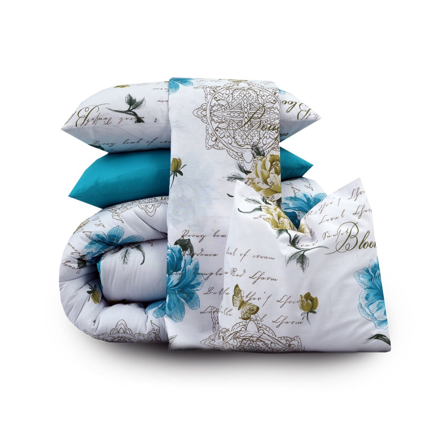 8 PCs Winter Comforter Set-Turqoiuse Flowers