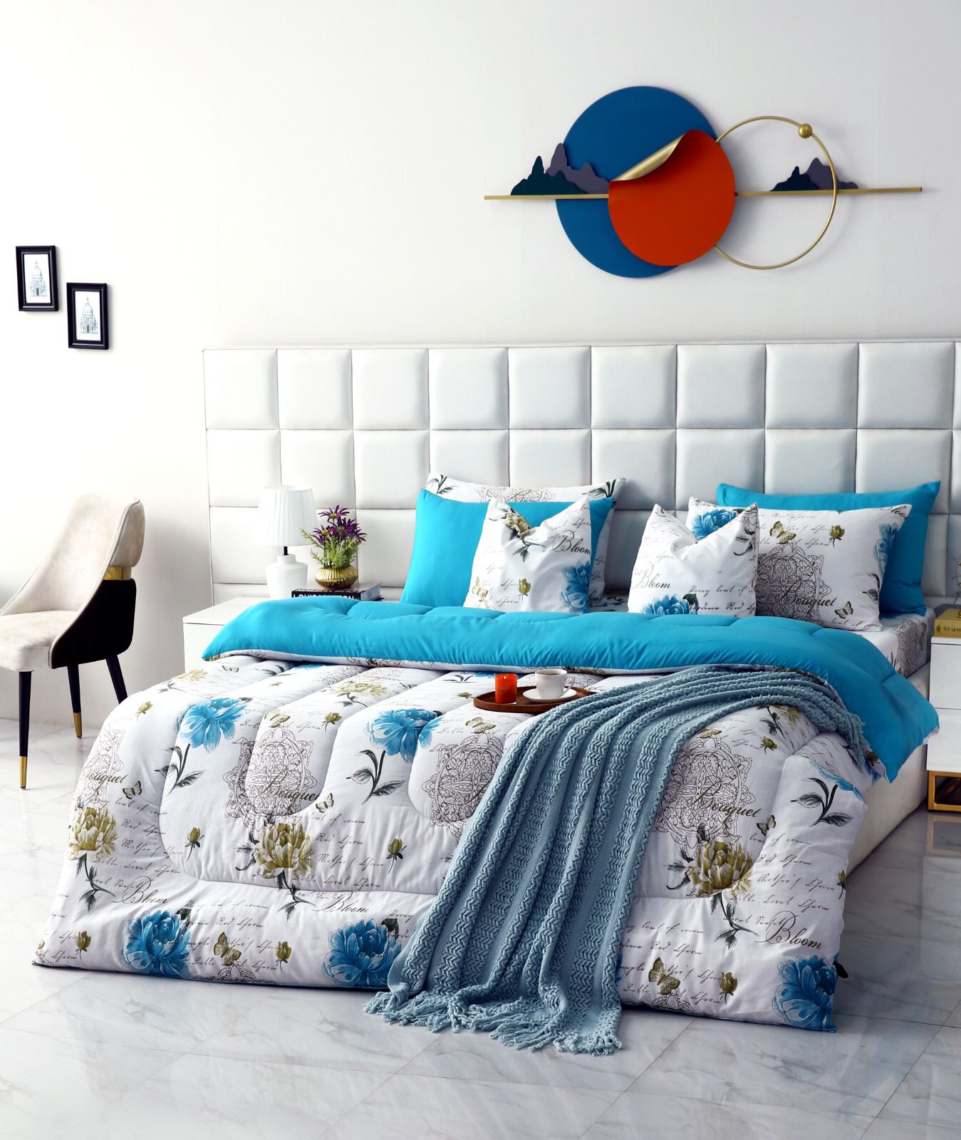 8 PCs Winter Comforter Set-Turqoiuse Flowers