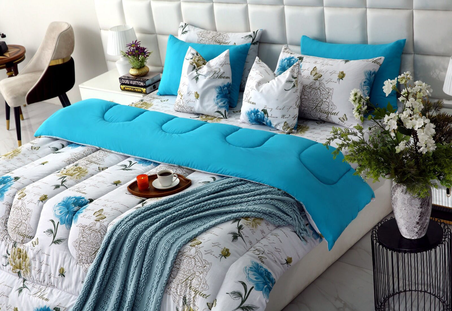 8 PCs Winter Comforter Set-Turqoiuse Flowers