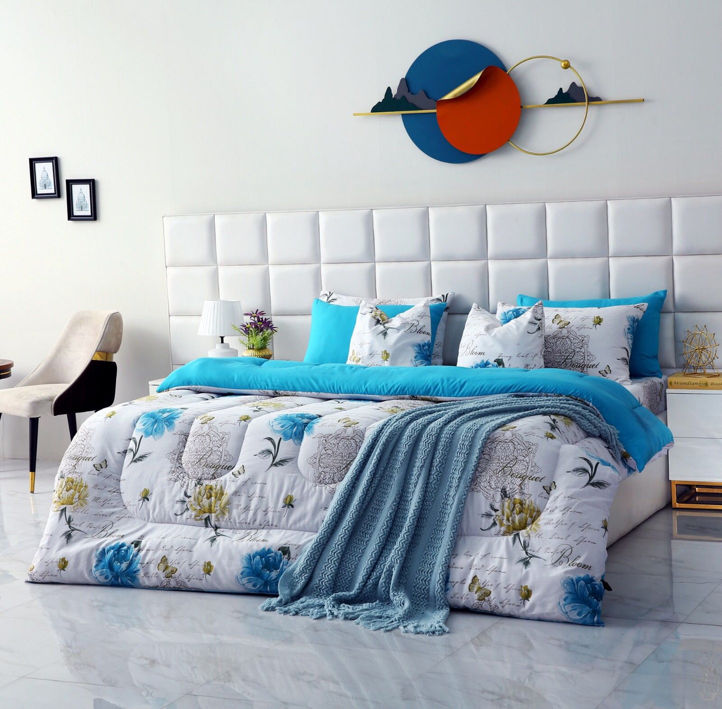 8 PCs Winter Comforter Set-Turqoiuse Flowers