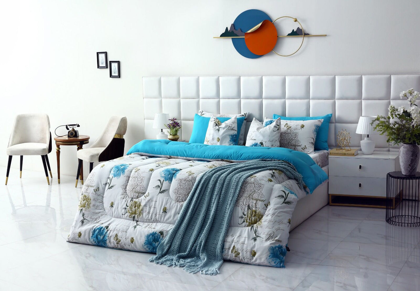 8 PCs Winter Comforter Set-Turqoiuse Flowers