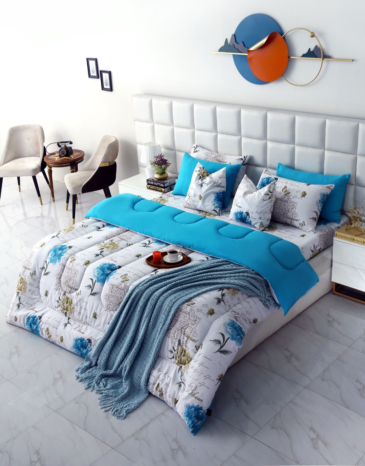 8 PCs Winter Comforter Set-Turqoiuse Flowers