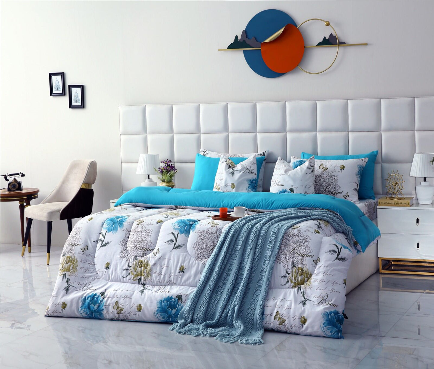 8 PCs Winter Comforter Set-Turqoiuse Flowers