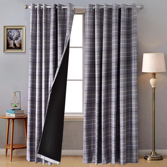 2 PCs Blackout Room Curtains-Multi Check Curtains Apricot