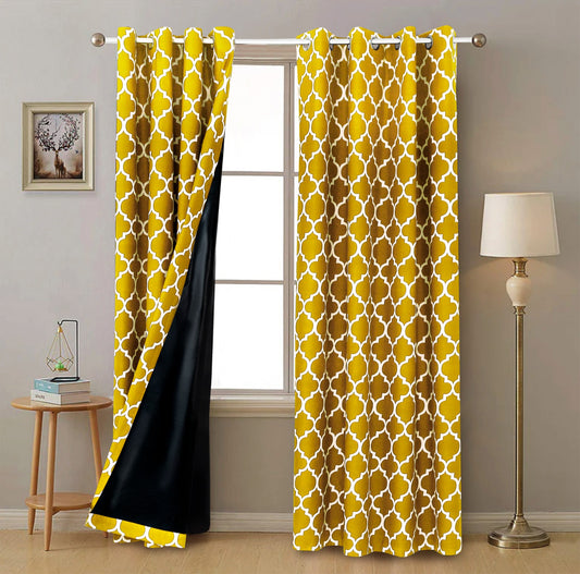 2 PCs Blackout Room Curtains-Mustard Geometric Curtains Apricot