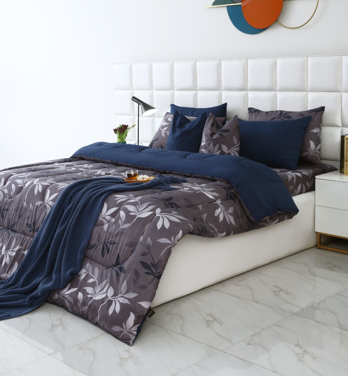 8 PCs Winter Comforter Set-Grey Leaf Comforters Apricot