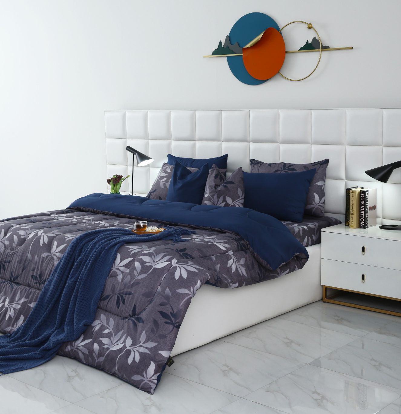 8 PCs Winter Comforter Set-Grey Leaf Comforters Apricot