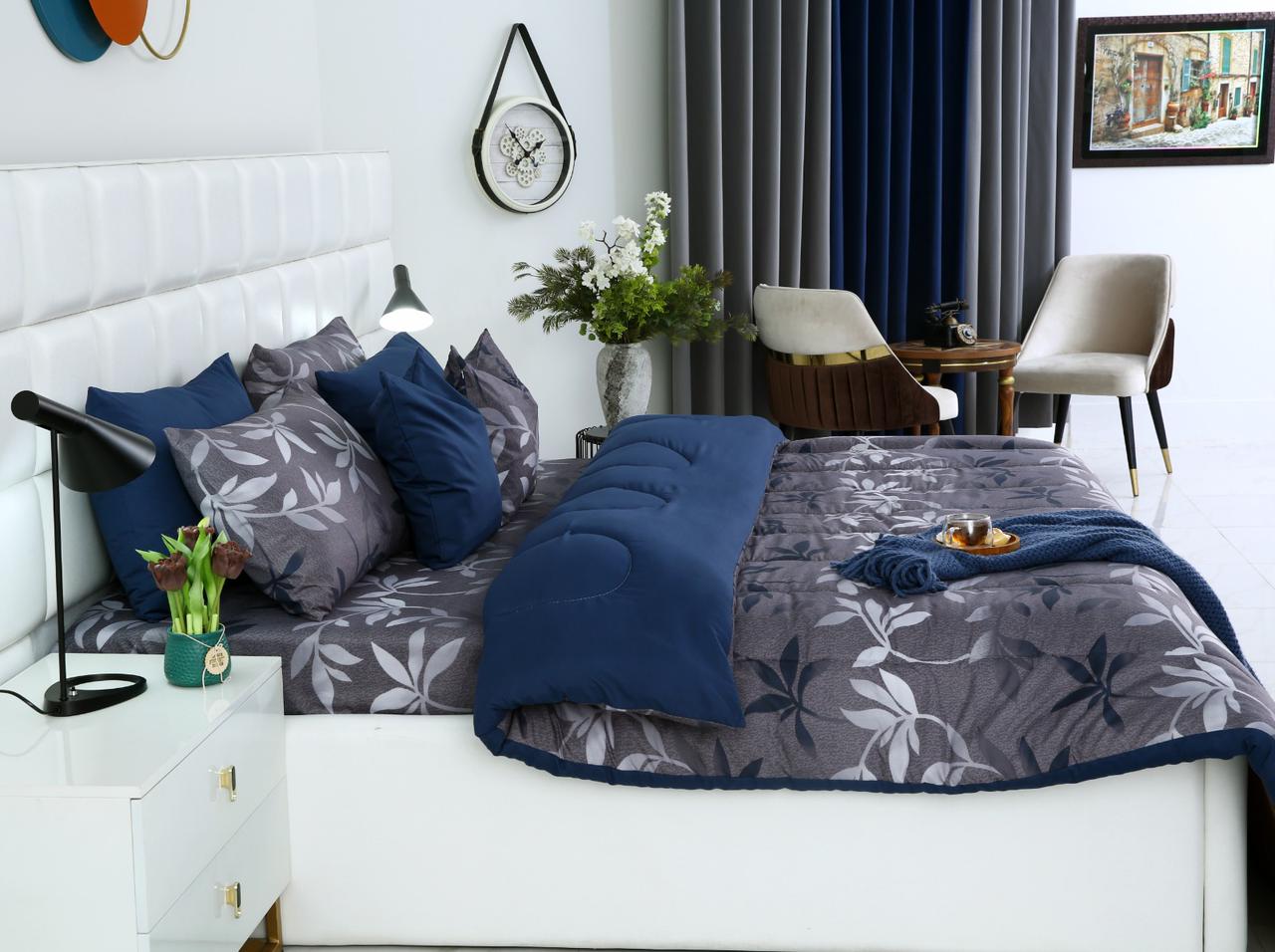 8 PCs Winter Comforter Set-Grey Leaf Comforters Apricot