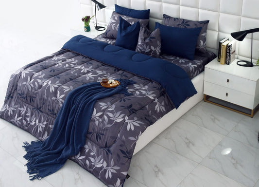 8 PCs Winter Comforter Set-Grey Leaf Comforters Apricot