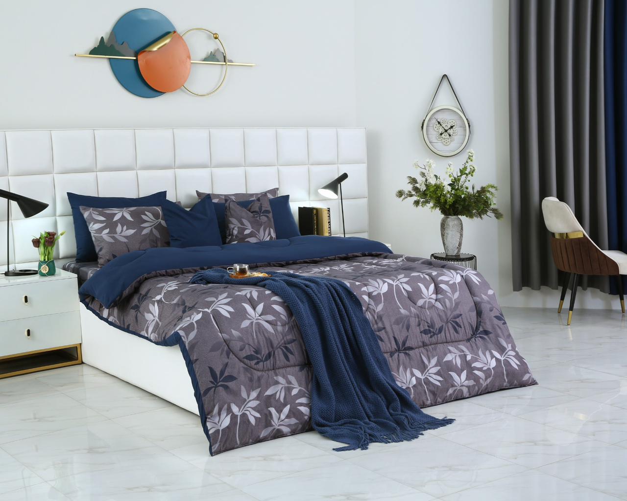 8 PCs Winter Comforter Set-Grey Leaf Comforters Apricot