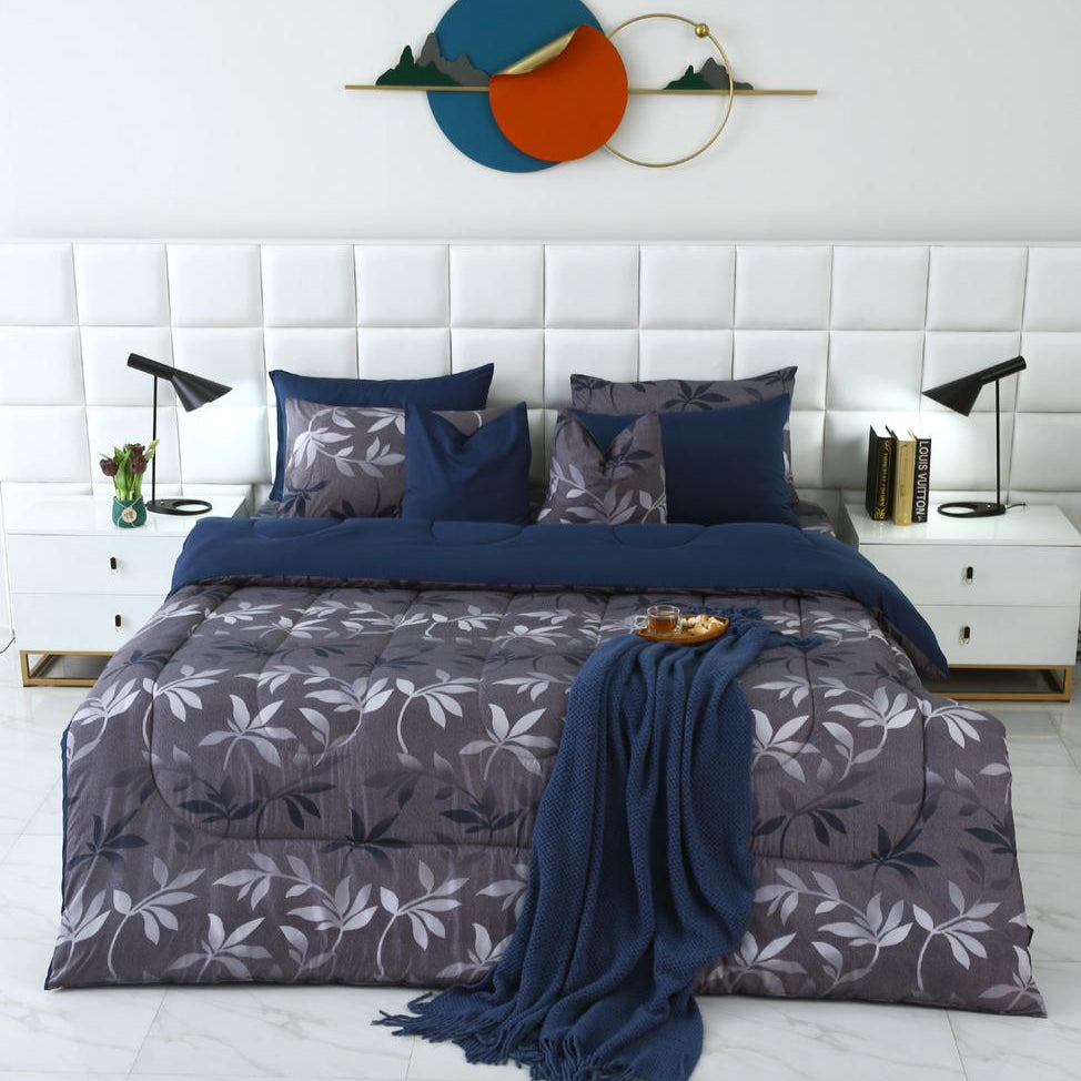 8 PCs Winter Comforter Set-Grey Leaf Comforters Apricot