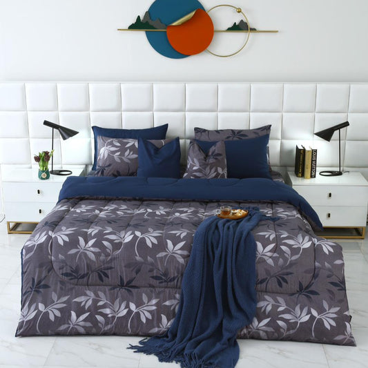 8 PCs Winter Comforter Set-Grey Leaf Comforters Apricot