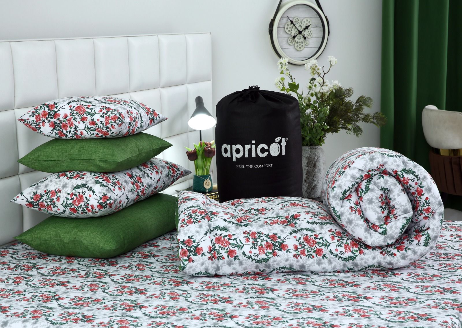 5 PCs Single Comforter Set-Emerald Blooms Comforters Apricot