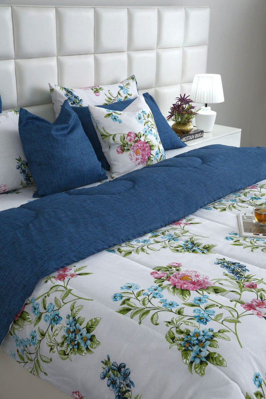 5 PCs Single Razai Set-Blue Lotus Comforters Apricot