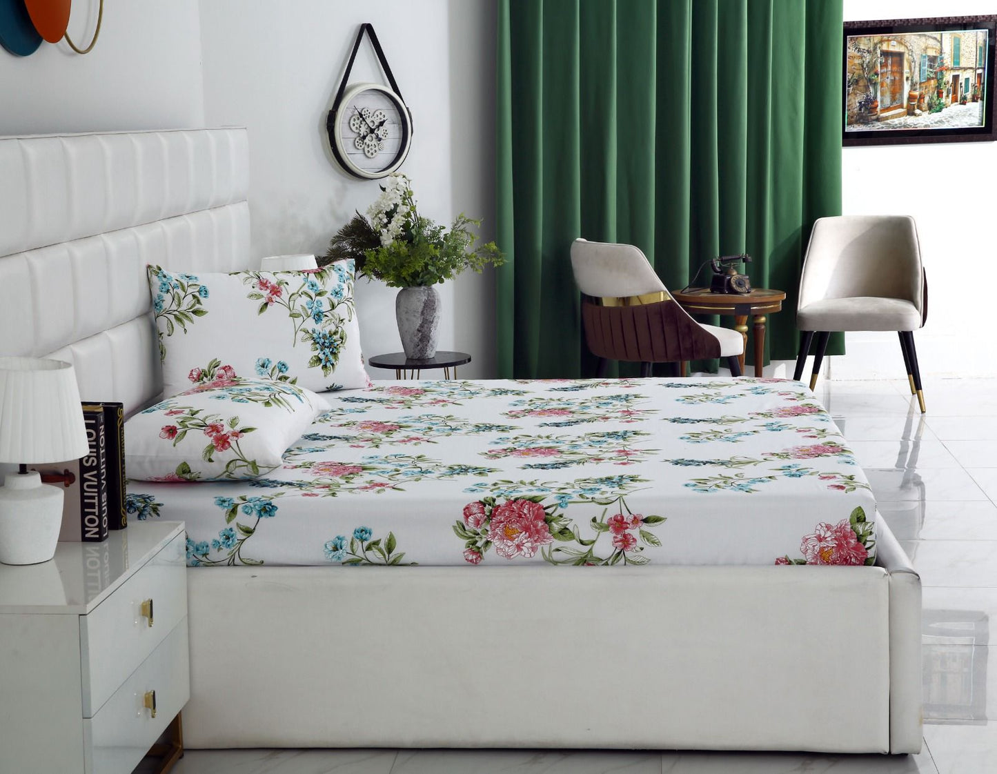 3 PCs Double Bed Sheet-Blue Lotus