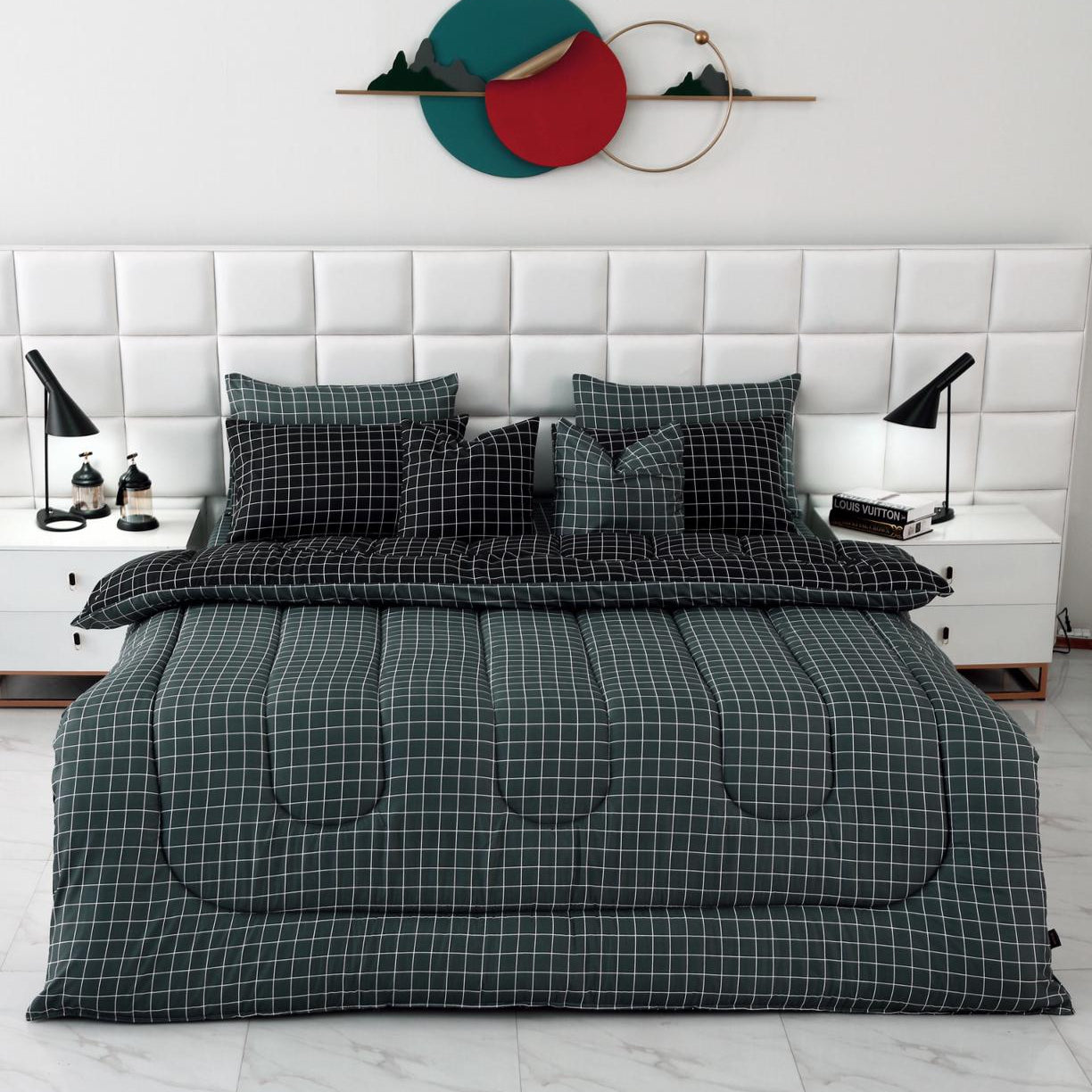 8 PCs Winter Comforter Set-Grey & Black Check Comforters Apricot