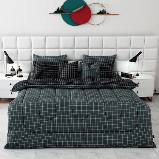 8 PCs Winter Comforter Set-Grey & Black Check Comforters Apricot