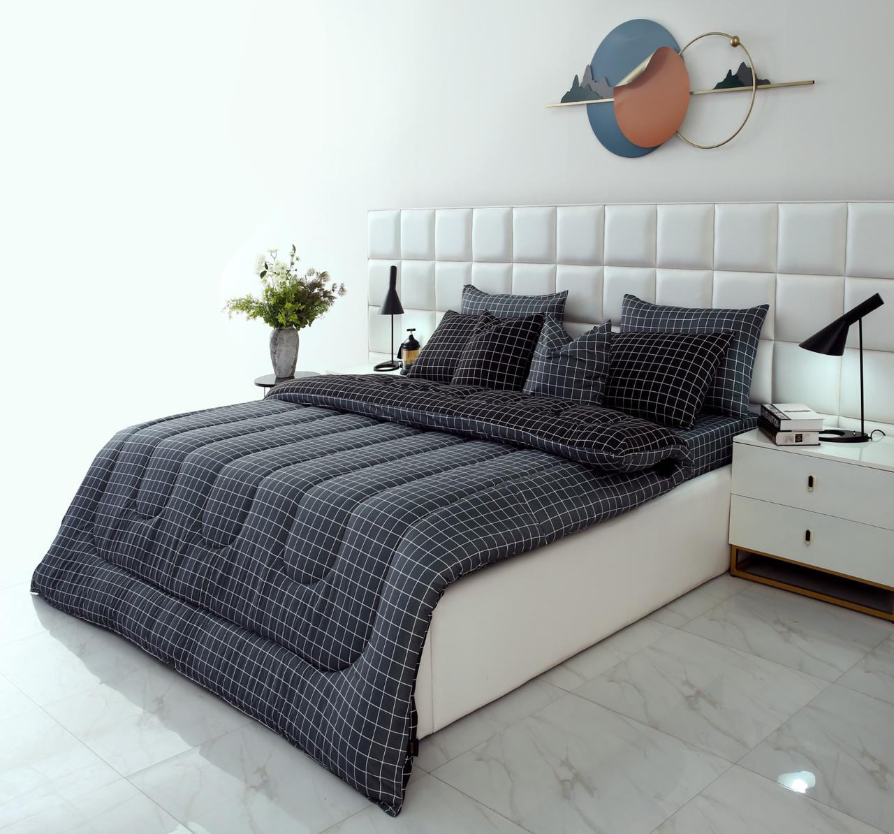 8 PCs Winter Comforter Set-Grey & Black Check Comforters Apricot