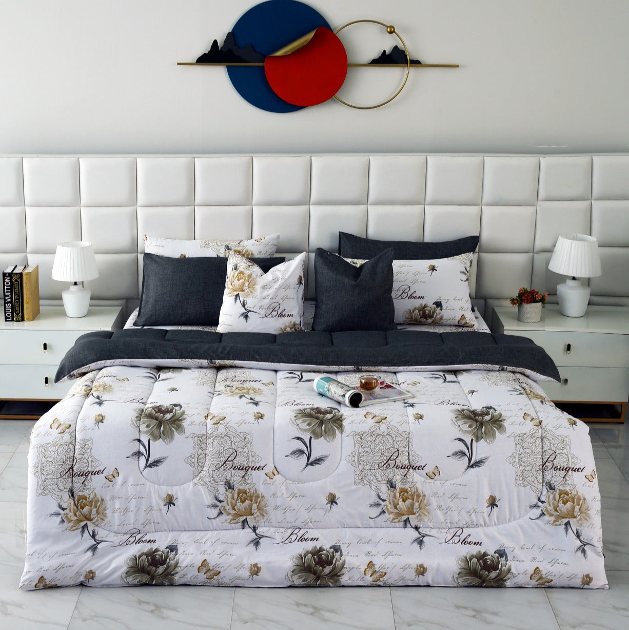 8 PCs Winter Comforter Set-Grey Flowers Comforters Apricot