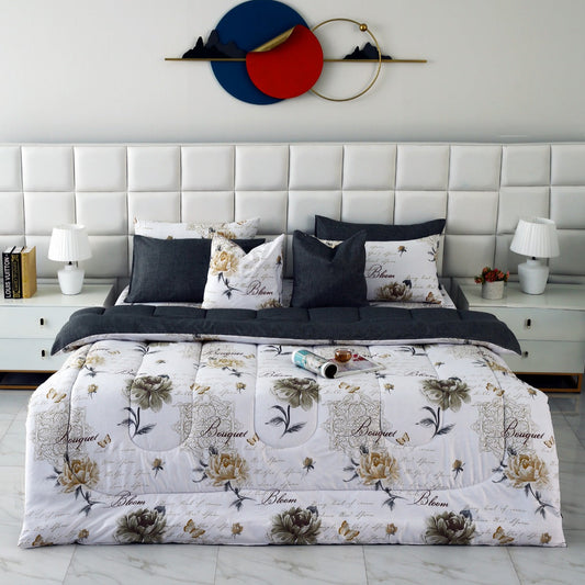 8 PCs Winter Comforter Set-Grey Flowers Comforters Apricot