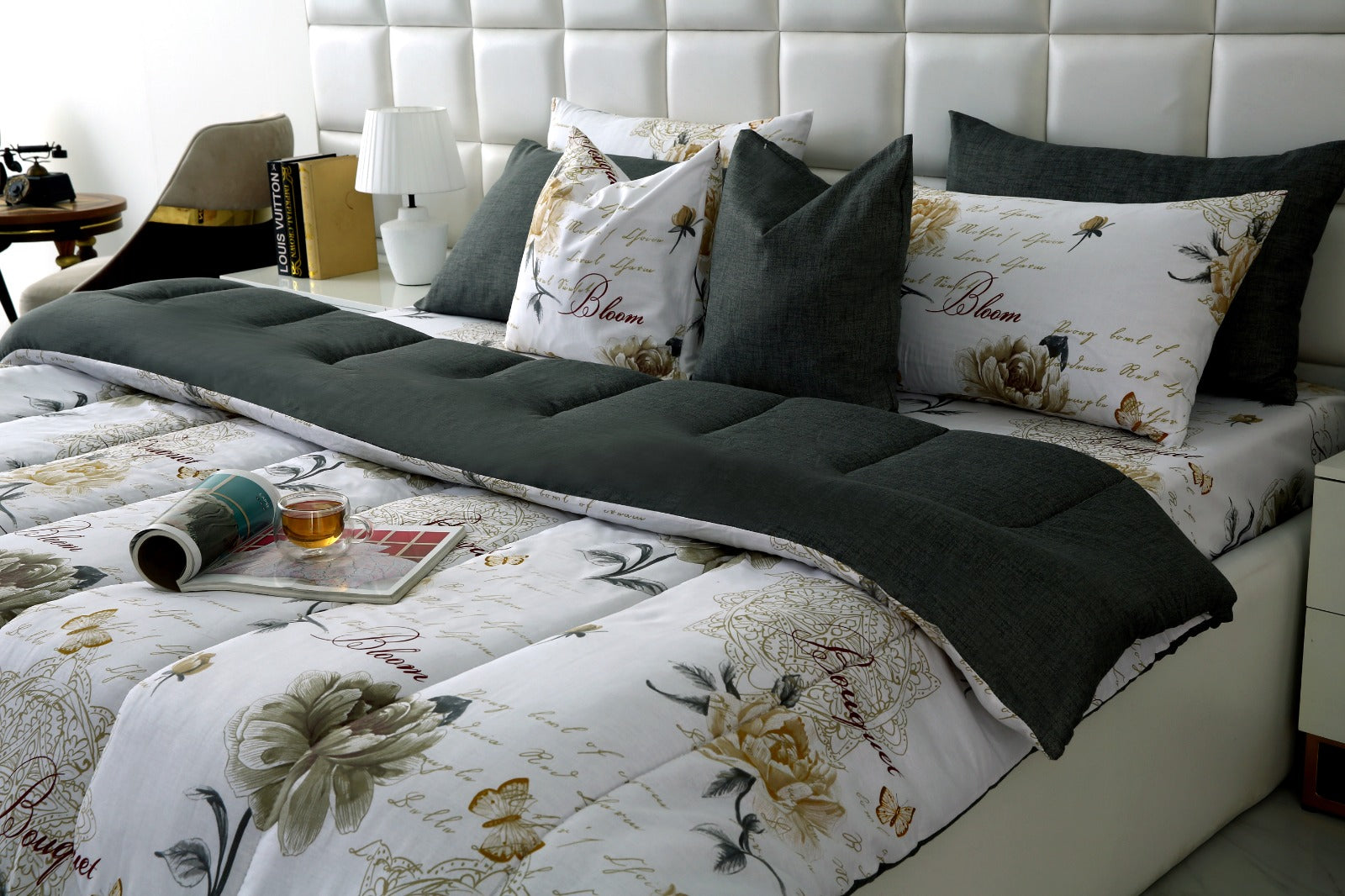 8 PCs Winter Comforter Set-Grey Flowers Comforters Apricot