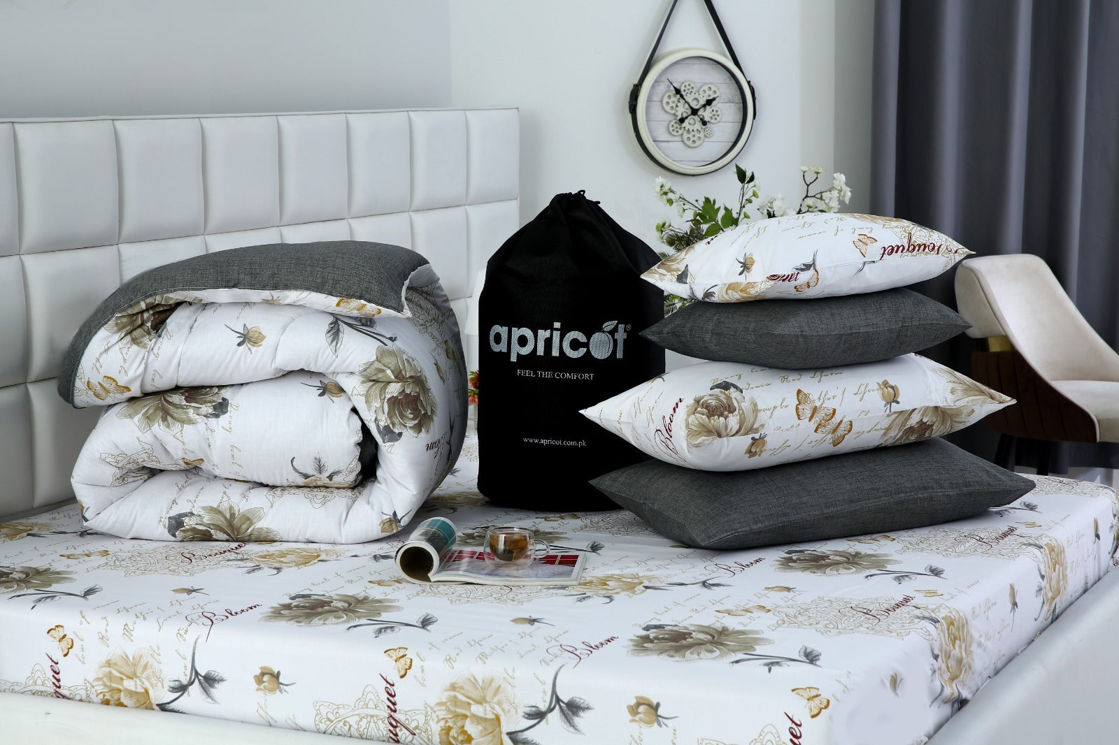 8 PCs Winter Comforter Set-Grey Flowers Comforters Apricot