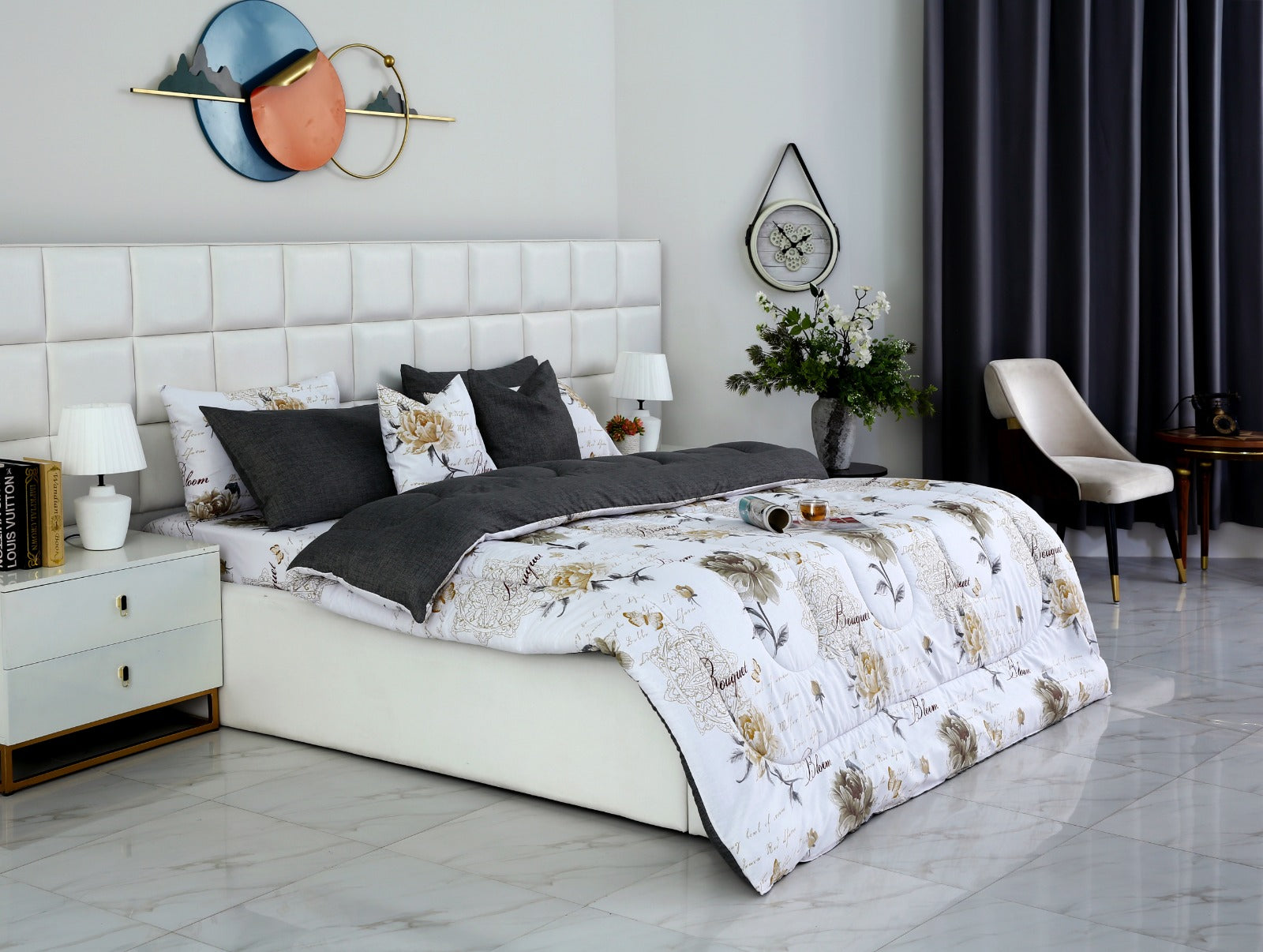 8 PCs Winter Comforter Set-Grey Flowers Comforters Apricot