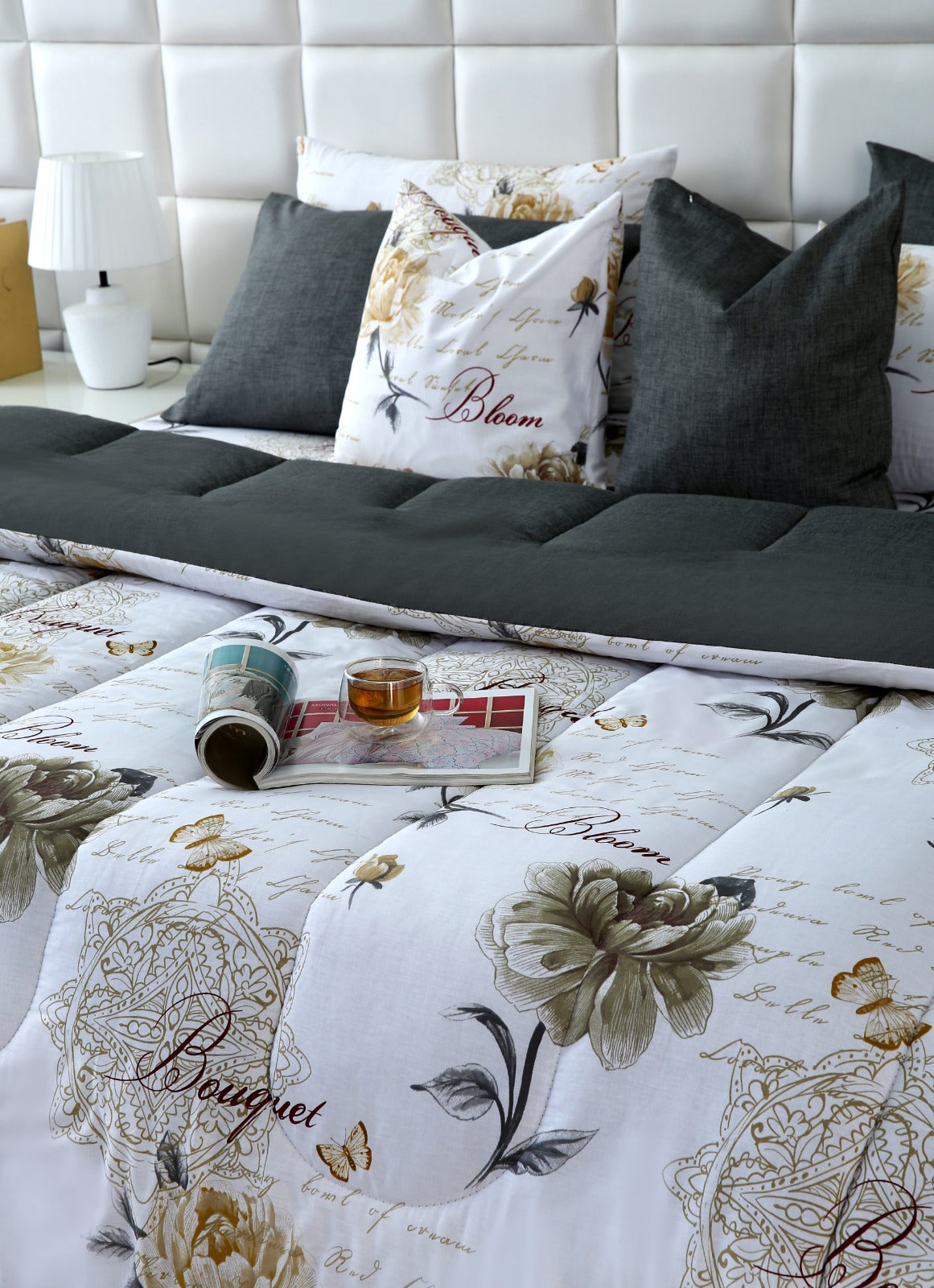 8 PCs Winter Comforter Set-Grey Flowers Comforters Apricot