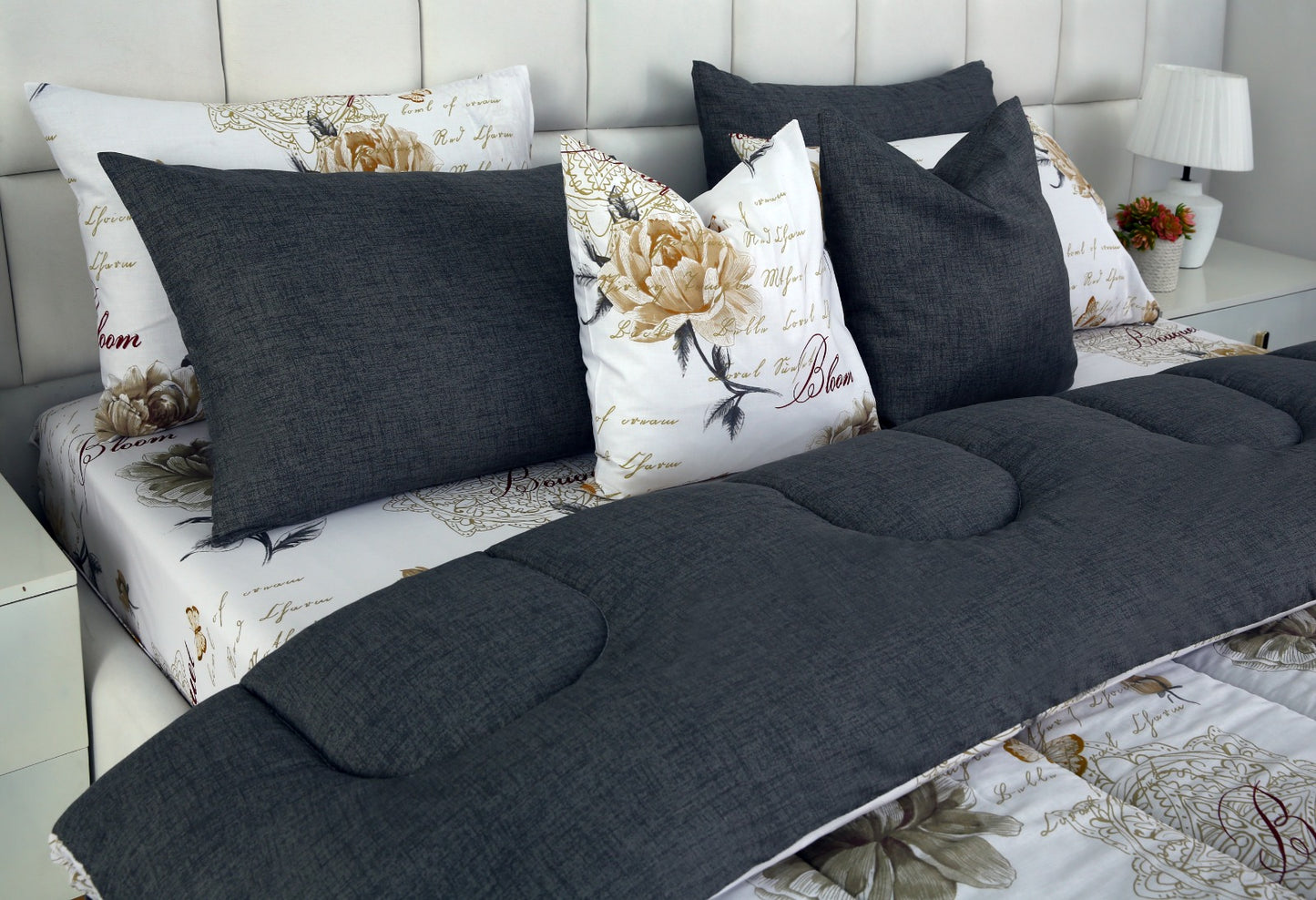 8 PCs Winter Comforter Set-Grey Flowers Comforters Apricot