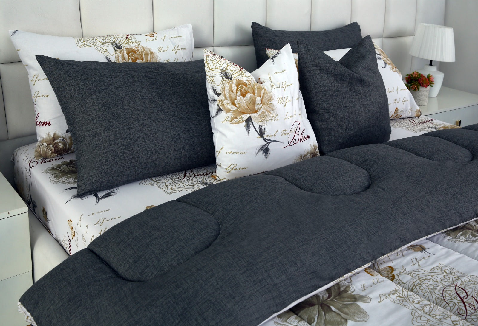 8 PCs Winter Comforter Set-Grey Flowers Comforters Apricot
