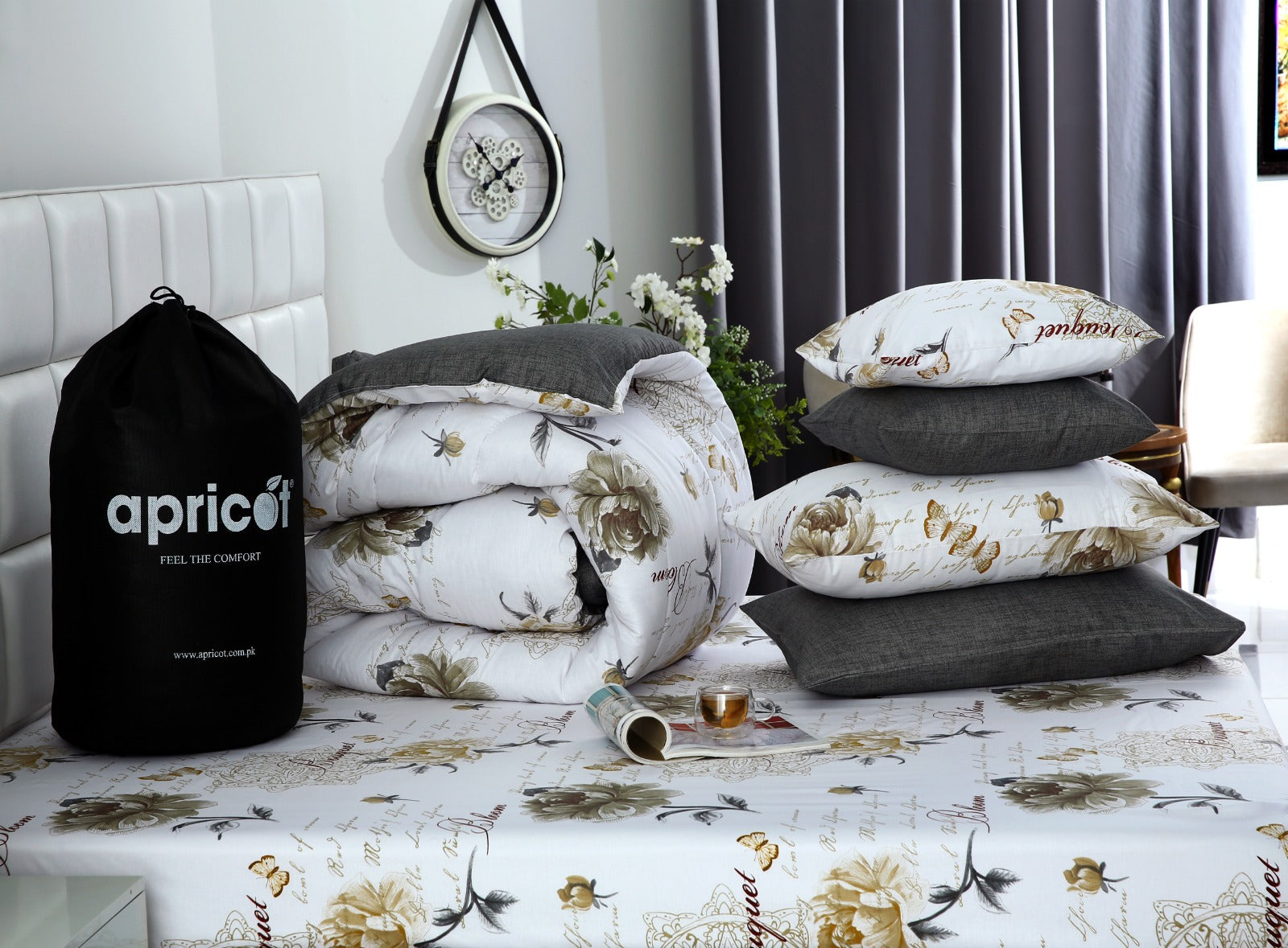 8 PCs Winter Comforter Set-Grey Flowers Comforters Apricot