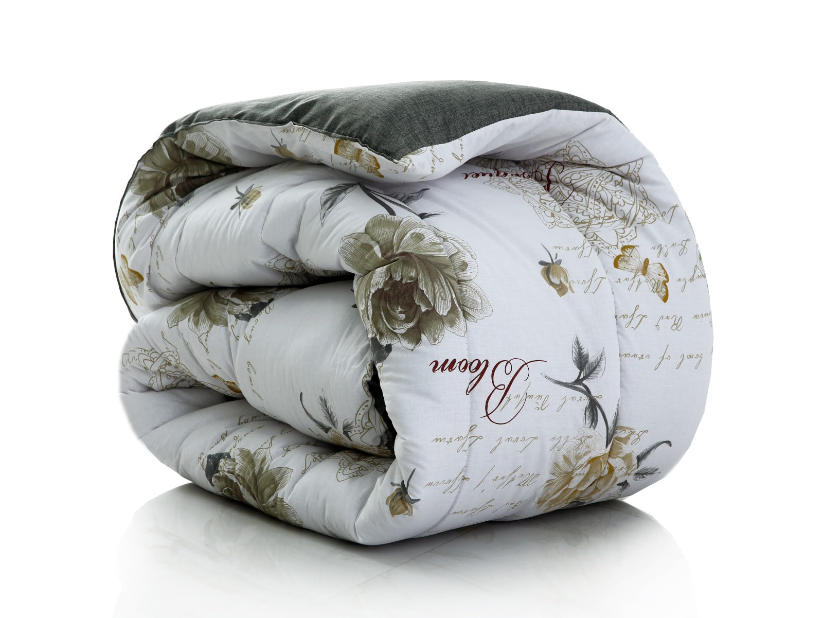 8 PCs Winter Comforter Set-Grey Flowers Comforters Apricot