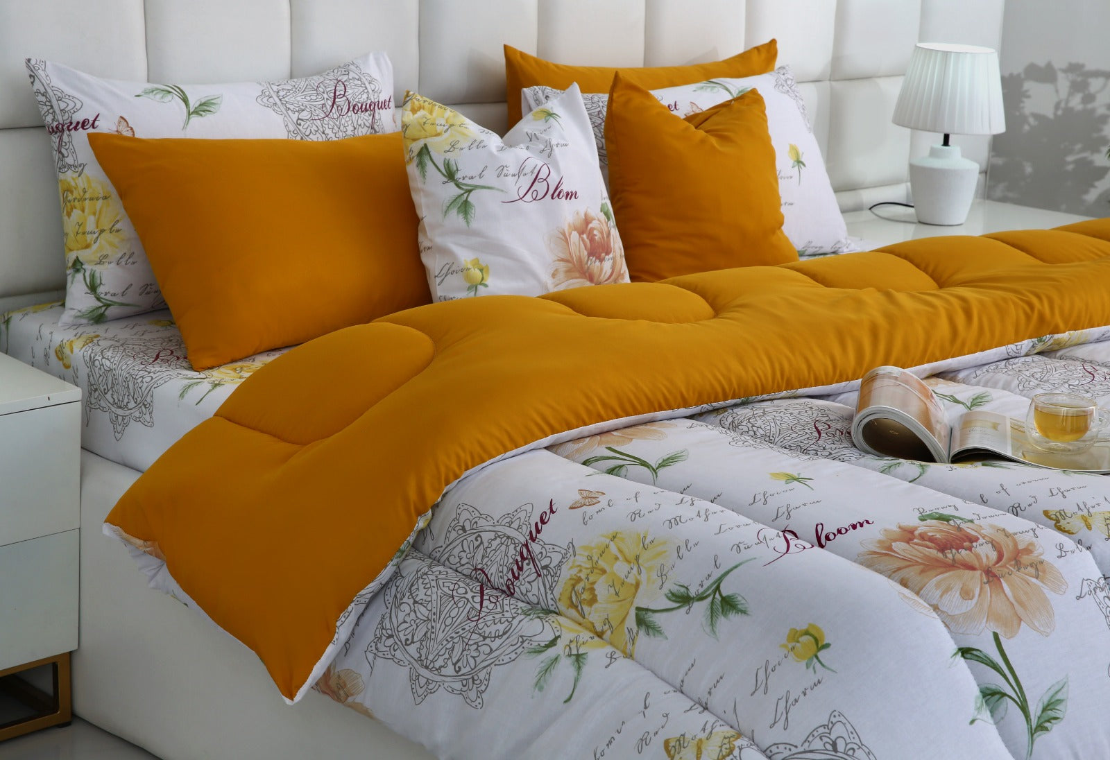 8 PCs Winter Comforter Set-Mustard Flowers Comforters Apricot