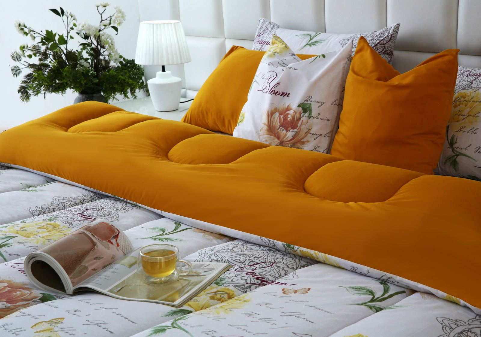 8 PCs Winter Comforter Set-Mustard Flowers Comforters Apricot