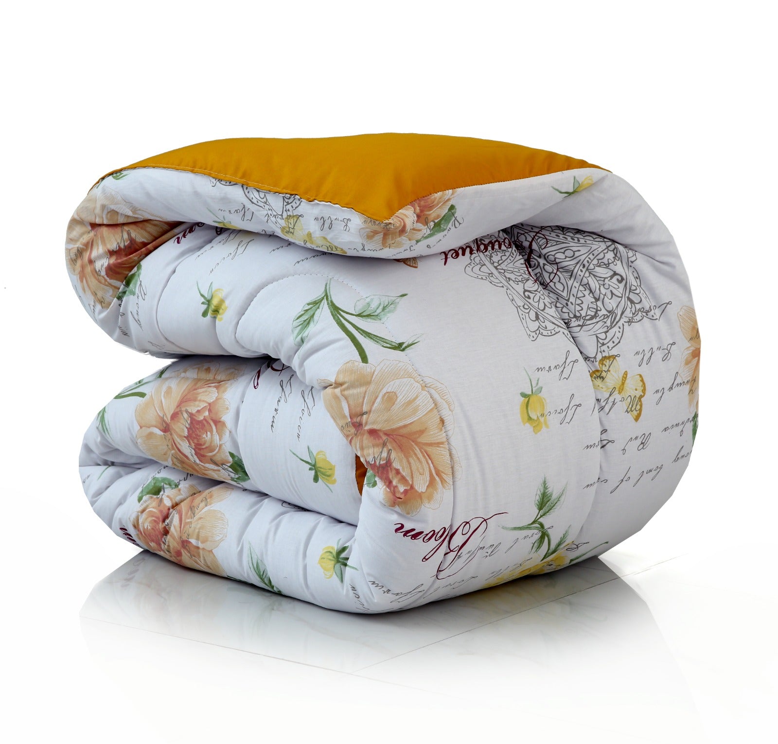 8 PCs Winter Comforter Set-Mustard Flowers Comforters Apricot