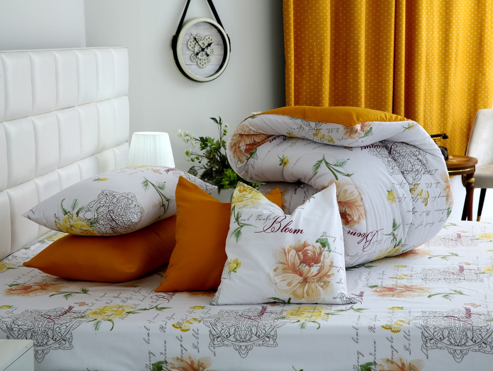 8 PCs Winter Comforter Set-Mustard Flowers Comforters Apricot