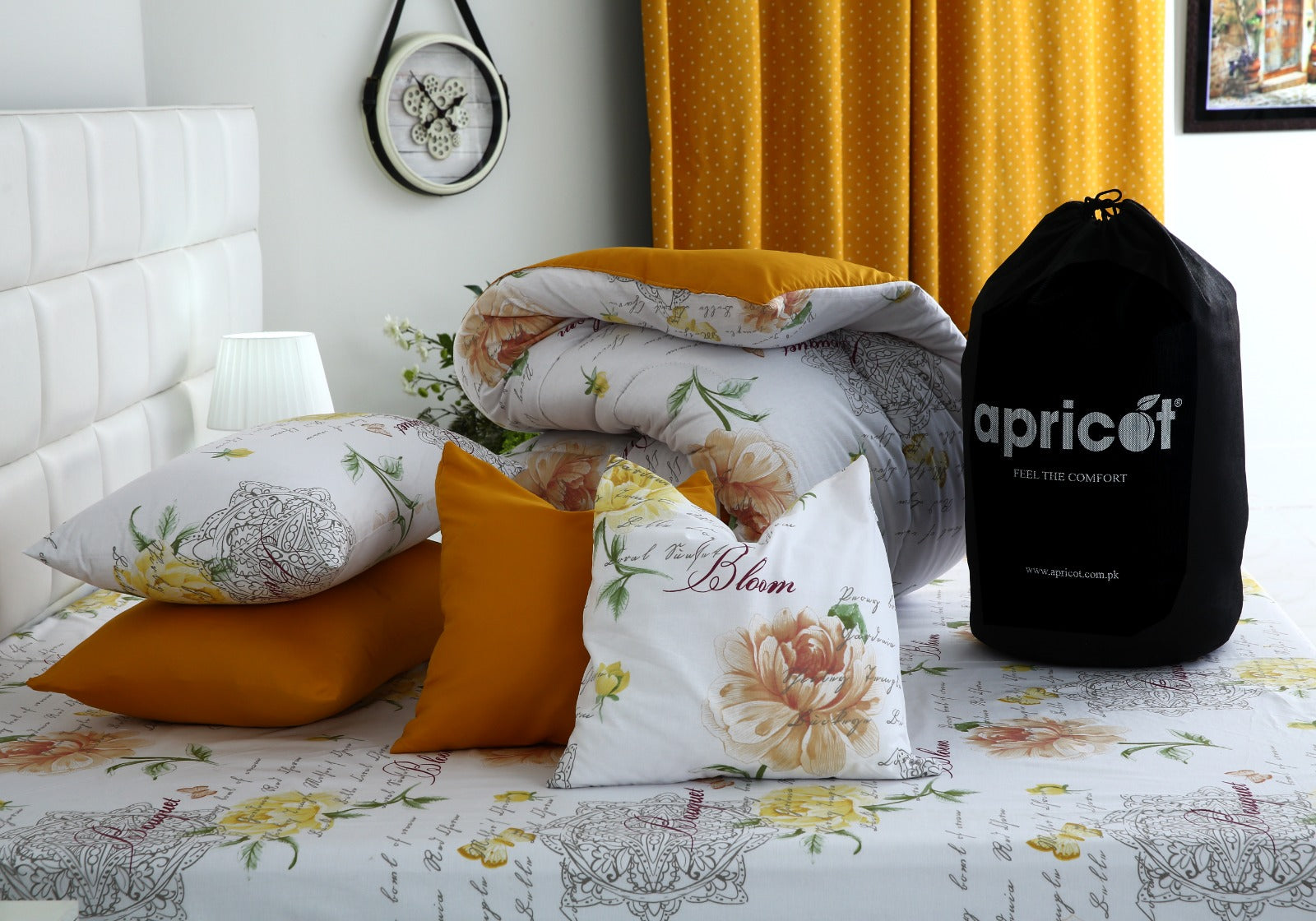 8 PCs Winter Comforter Set-Mustard Flowers Comforters Apricot