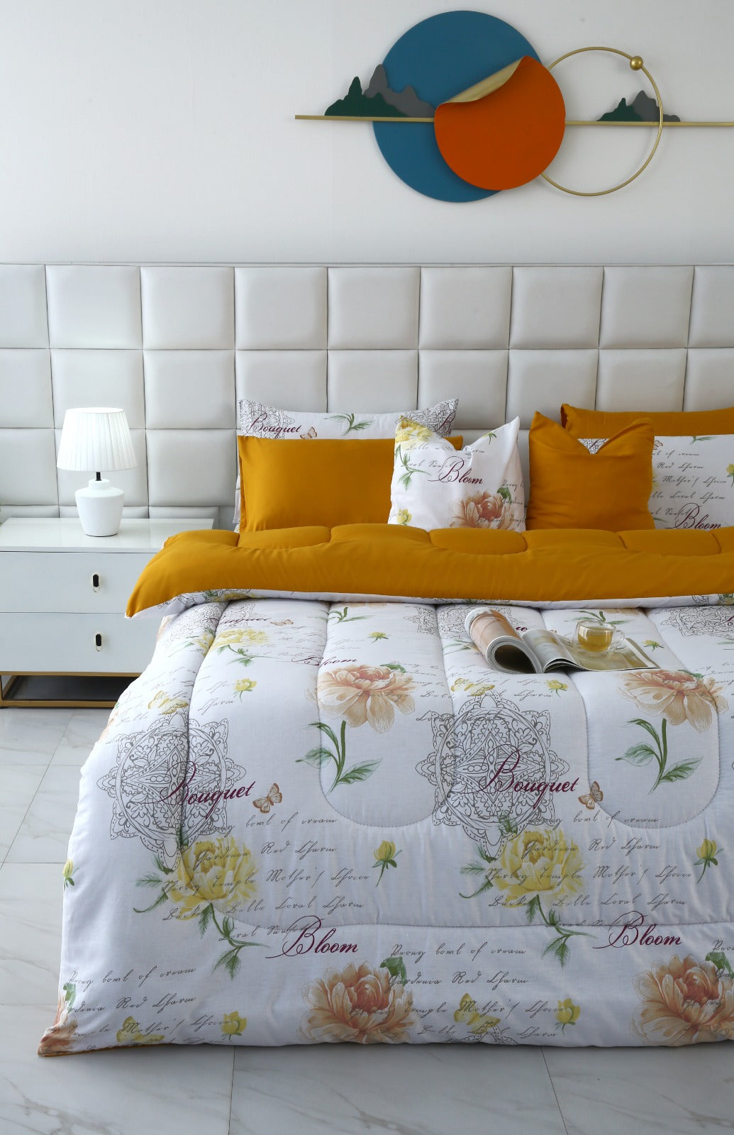8 PCs Winter Comforter Set-Mustard Flowers Comforters Apricot