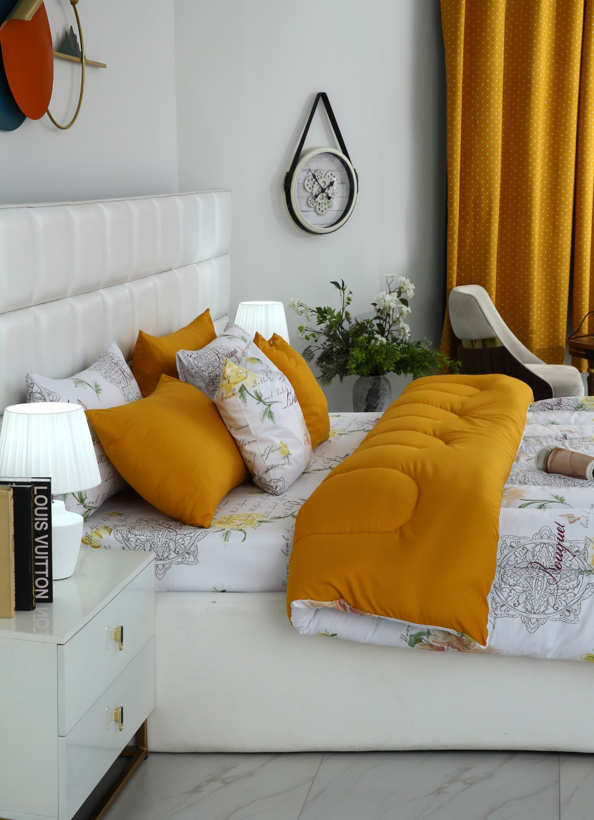 8 PCs Winter Comforter Set-Mustard Flowers Comforters Apricot