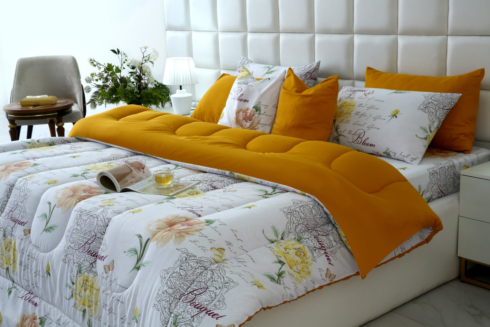 8 PCs Winter Comforter Set-Mustard Flowers Comforters Apricot