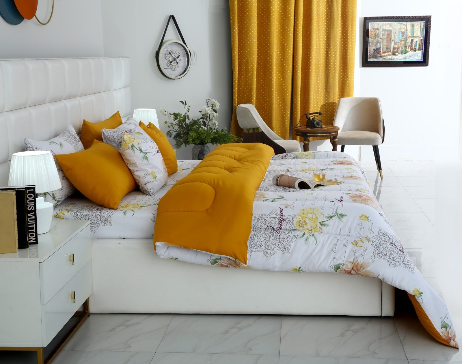 8 PCs Winter Comforter Set-Mustard Flowers Comforters Apricot