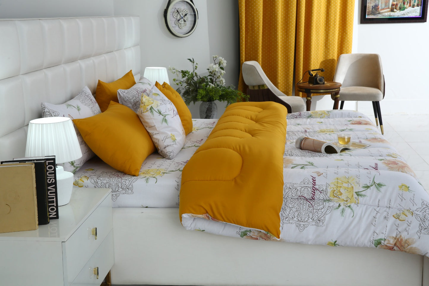 8 PCs Winter Comforter Set-Mustard Flowers Comforters Apricot