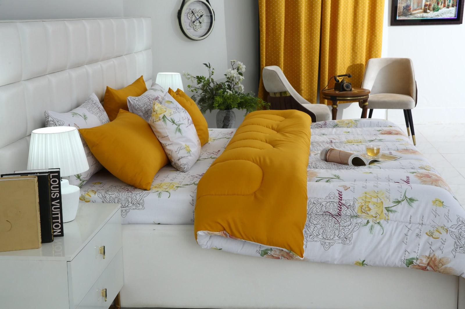 8 PCs Winter Comforter Set-Mustard Flowers Comforters Apricot
