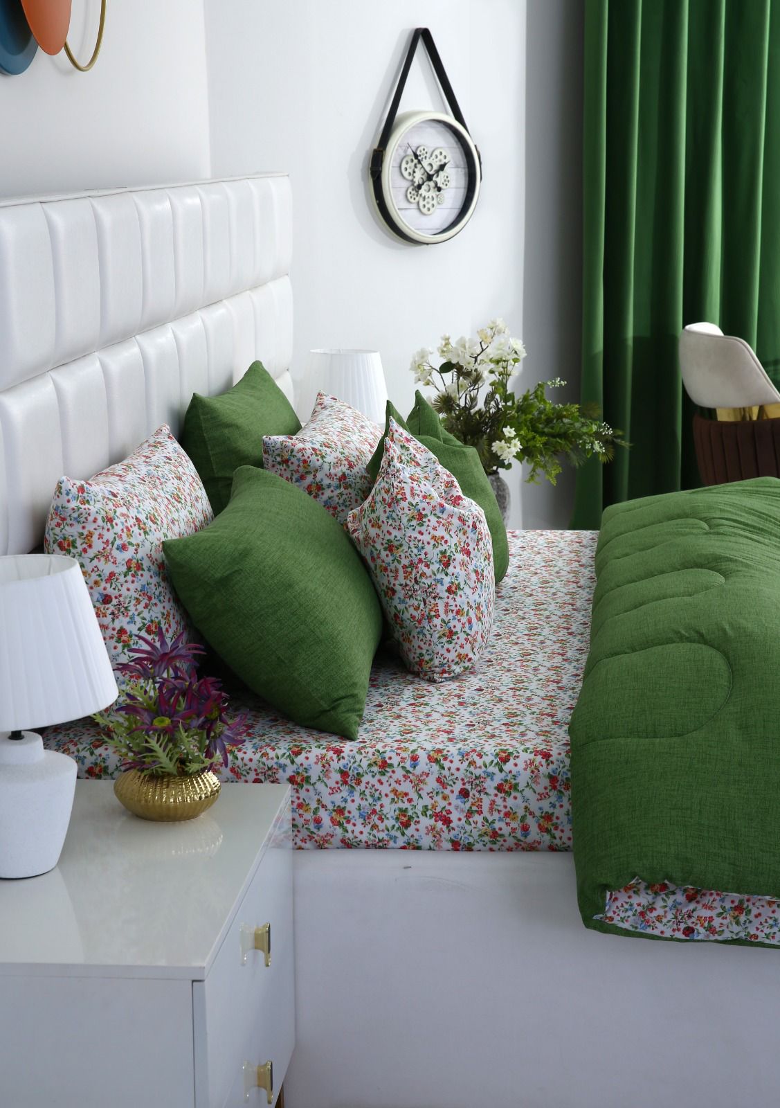 8 PCs Winter Comforter Set-Green Hellebore Comforters Apricot