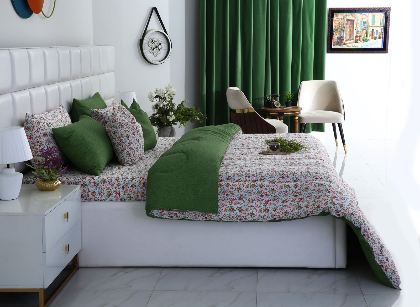 8 PCs Winter Comforter Set-Green Hellebore Comforters Apricot