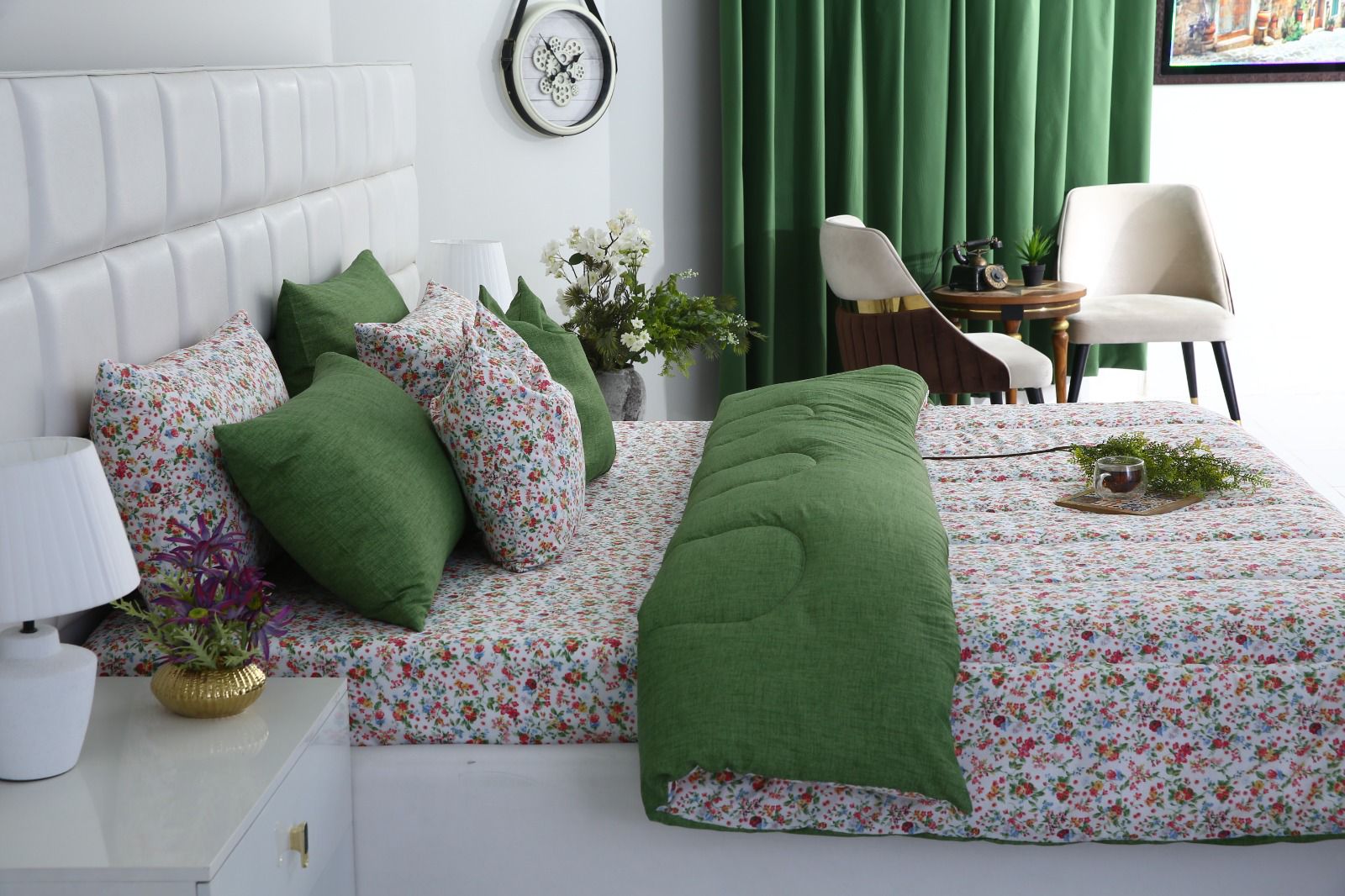 8 PCs Winter Comforter Set-Green Hellebore Comforters Apricot