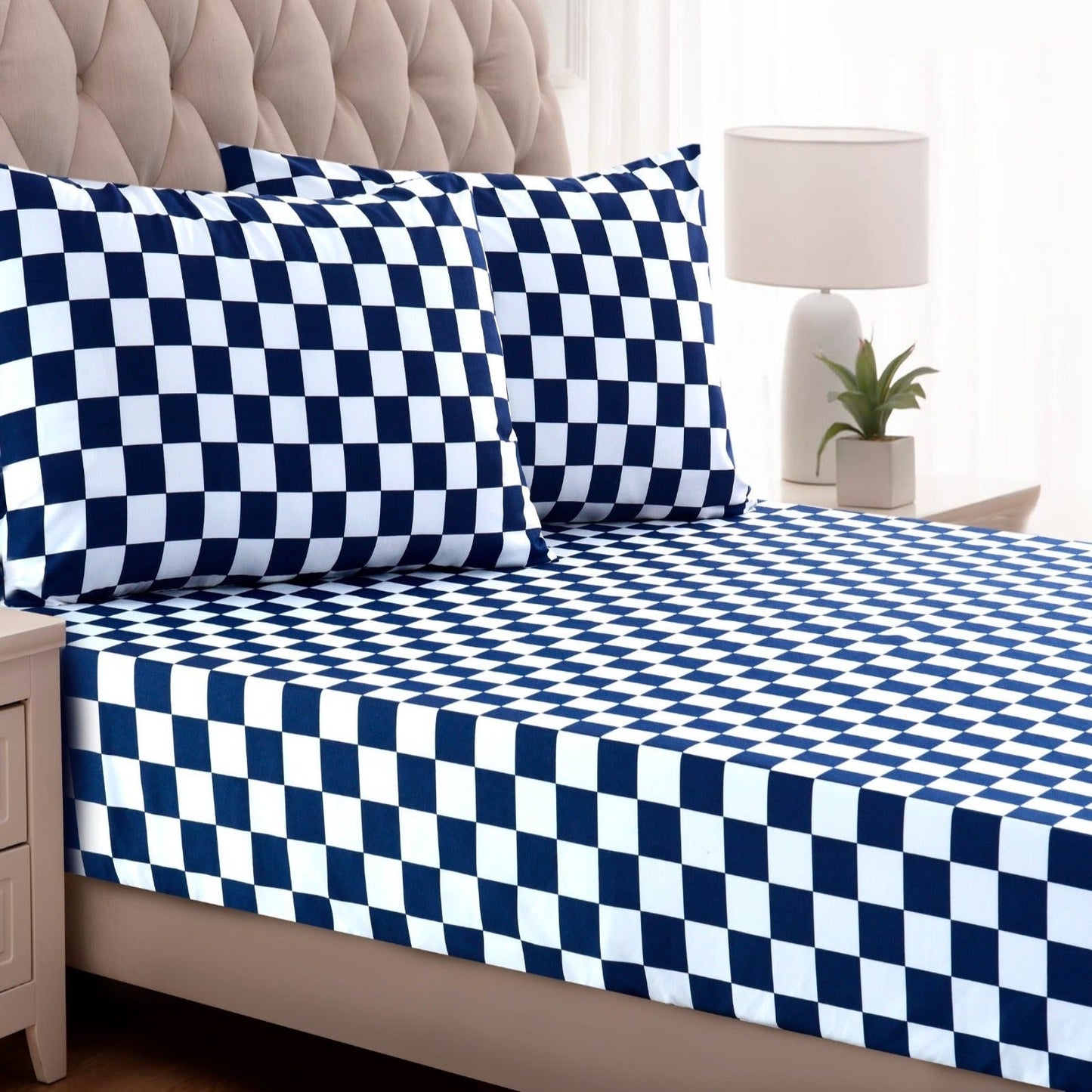 Fitted Bed Sheet-Blue Chess Fitted Sheets Apricot