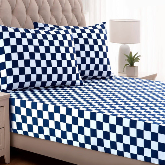 3 PCs Double Bed Sheet-Blue Chess Bed Sheets Apricot